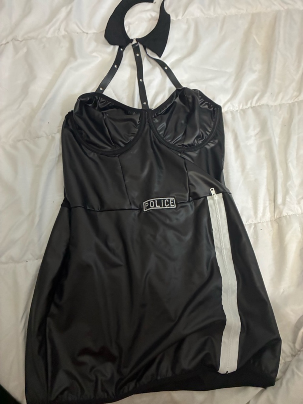 Black Faux Leather Police Costume Dress with White Zip Detail